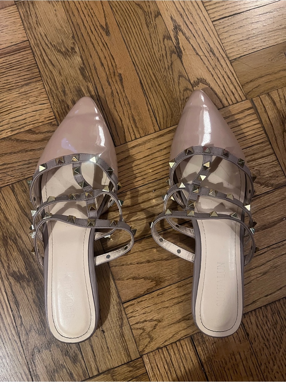 Studded Patent Pointed-Toe Mules in Blush Pink
